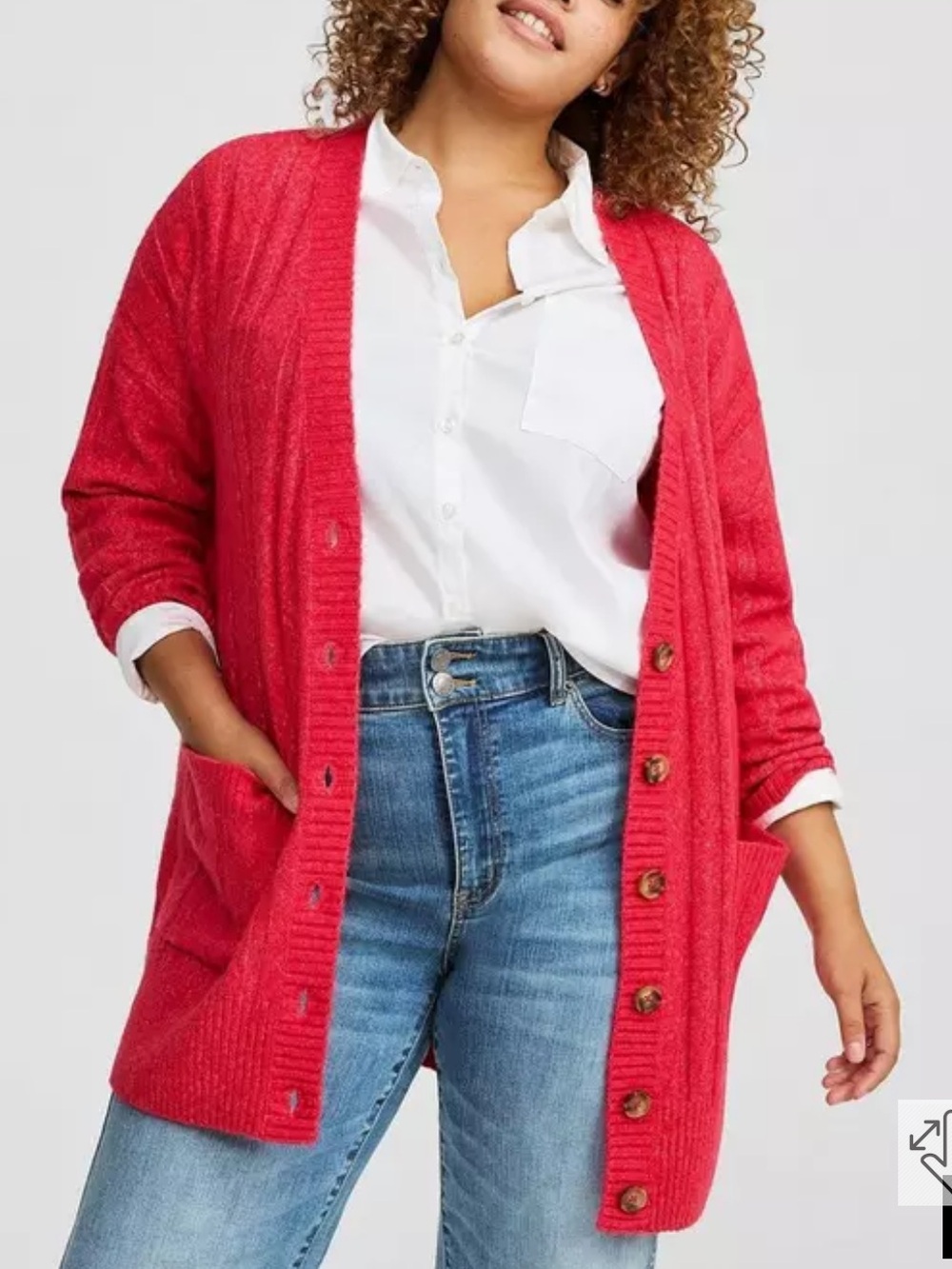 torrid Coral-Red Boyfriend Cardigan Sweater made from a vegan cashmere fabric